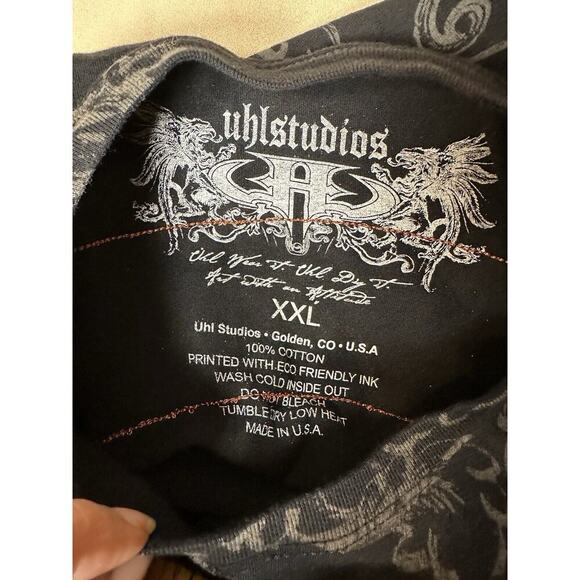 Uhl Studios Mens Embroidered Logo Skull Double side T-Shirt XXL 100% Cotton USA - Picture 6 of 8